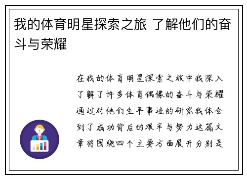 我的体育明星探索之旅 了解他们的奋斗与荣耀