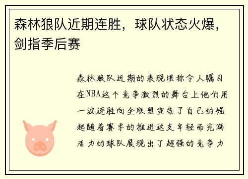 森林狼队近期连胜，球队状态火爆，剑指季后赛